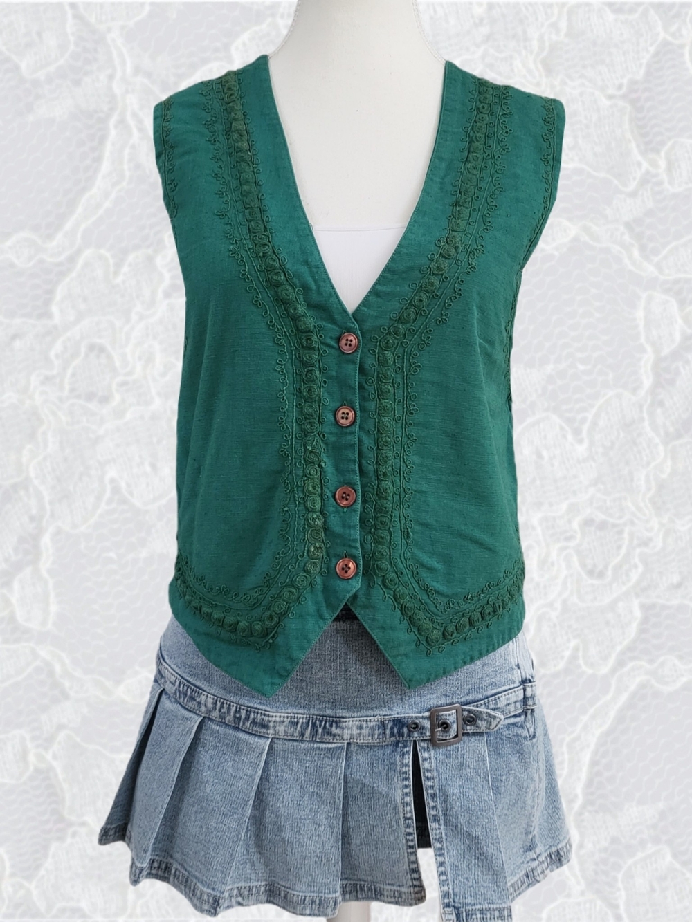 Women’s Green Embroidered V-Neck Button Vest